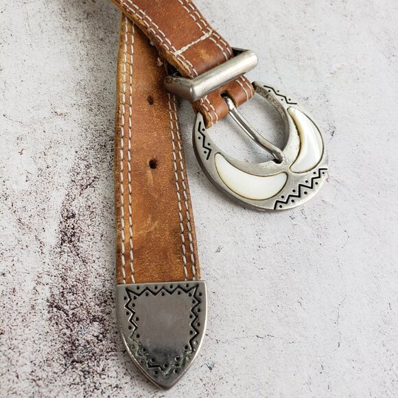 Vintage Genuine Leather Belt tan Brown Art Deco Bohemian Ethnic Western size L - Picture 8 of 8